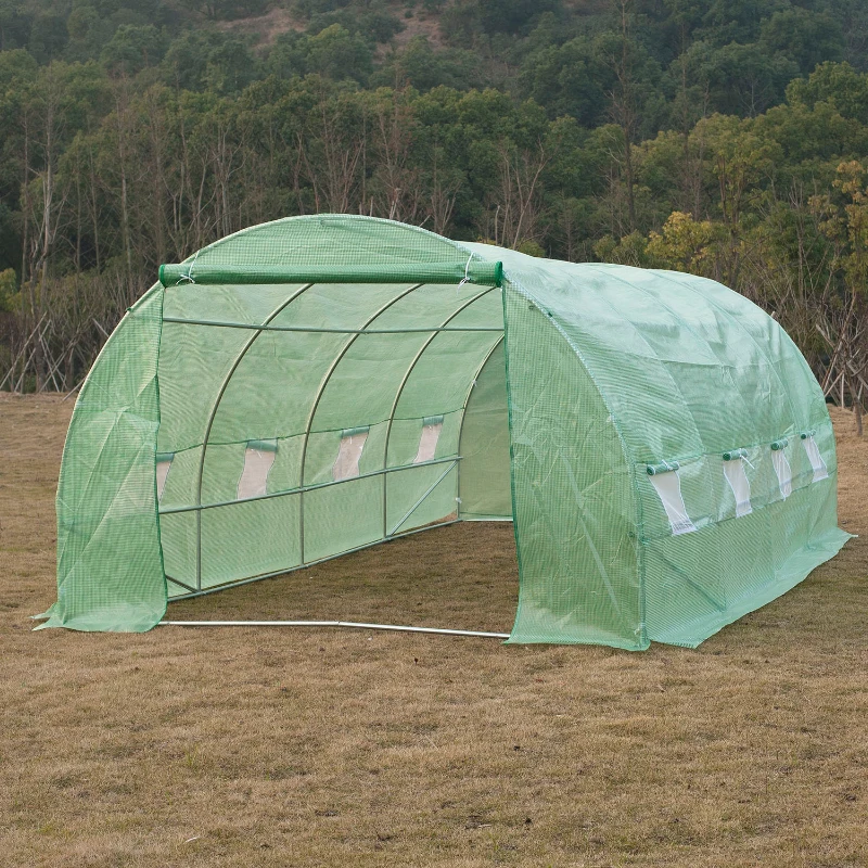 Outsunny Estufa Tipo Túnel 590x300x200cm com Porta Enrolável 8 Janelas Cobertura de PE 140g/m² e Tubo de Aço para Cultivos de Plantas Verduras Verde