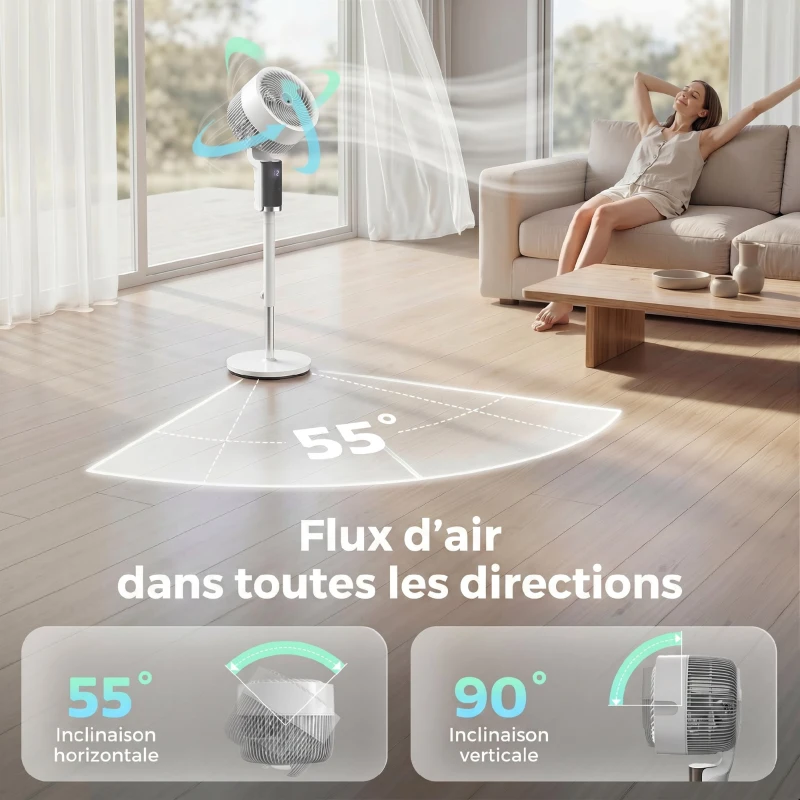 HOMCOM Ventilateur sur pied silencieux 20 dB pour chambre, ventilateur avec oscillation à 90°, 8 vitesses et lumière LED, blanc