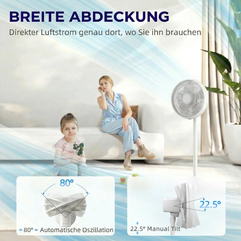 HOMCOM Ventilador de Pie con Control Remoto Altura Ajustable 4 Velocidades Oscilación 80° Temporizador 10H Pantalla LED Blanco