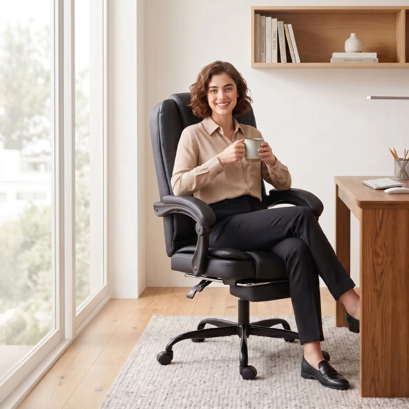 HOMCOM Sedia Ufficio Ergonomica Reclinabile Girevole in Pelle PU con Poggiapiedi, Altezza Regolabile, Nero