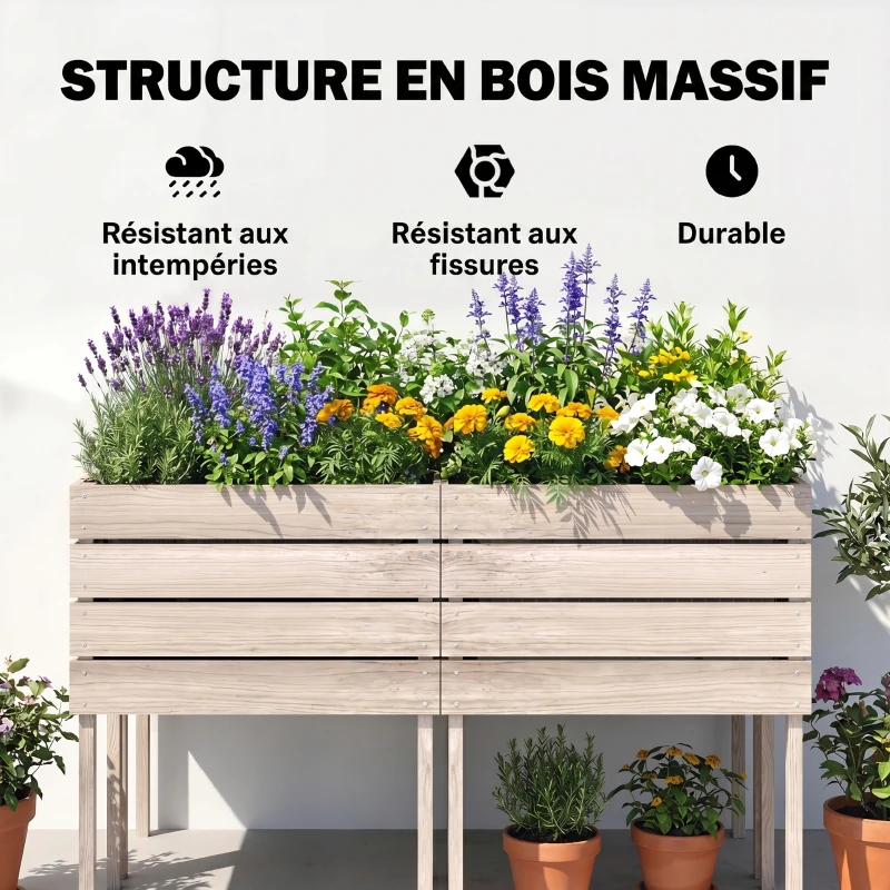 Outsunny Jardinières sur Pieds carrés potagers - Lot de 4 jardinières sur Pied modulables - dim. 50L x 30l x 60H cm - Inserts d'irrigation Film Protecteur - Bois Sapin Naturel