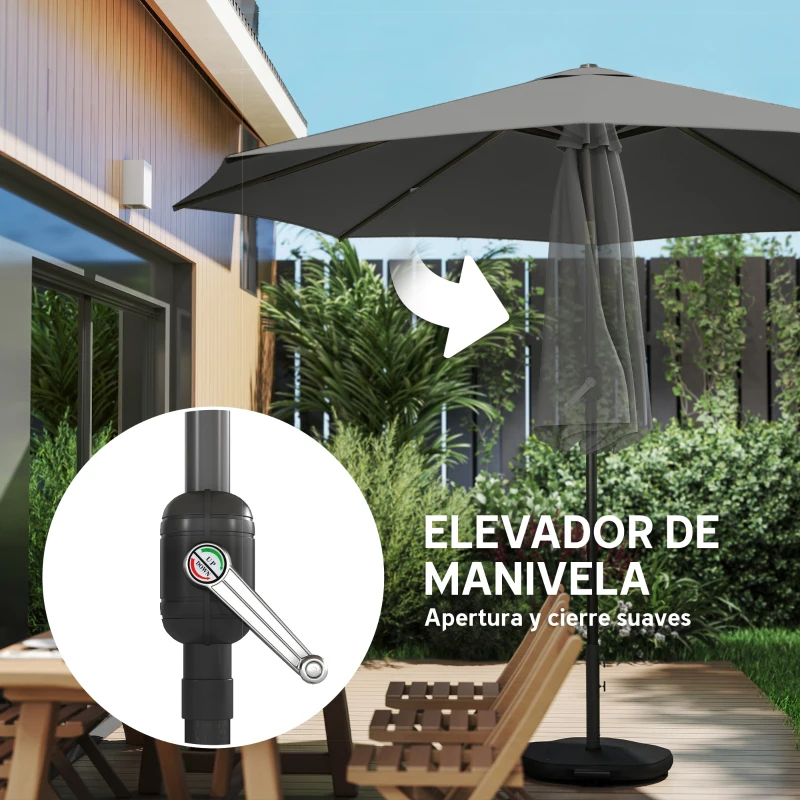 Outsunny Sombrilla Terraza Exterior 3x3m con Base Bolsa de Arena Manivela Inclinación Costillas Retráctiles Gris Oscuro