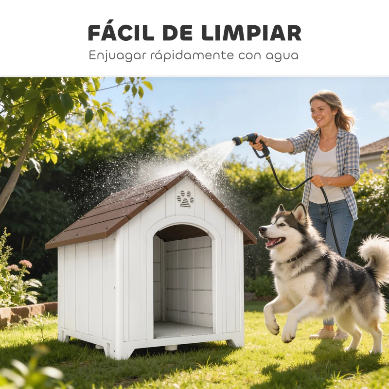 PawHut Caseta para Perros Exterior Casa para Perros Extragrandes de Plástico con 2 Ventanas Base Elevada Estacas Marrón Oscuro