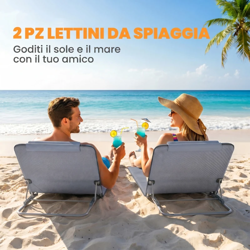 Outsunny Set 2 Sdraio da Spiaggia con Schienale Regolabile su 5 Livelli, Poggiatesta e Borsa da Viaggio, Lettini Spiaggia Pieghevoli Portatili in Acciaio e PE, 134x48x33-43 cm, Grigio