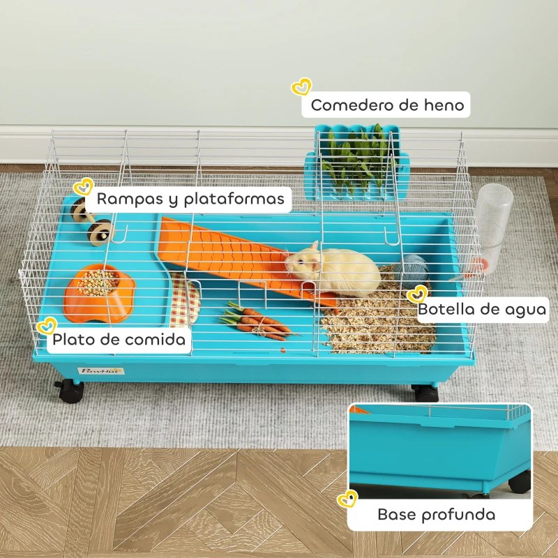 PawHut Jaula para Animales Pequeños con Ruedas Botella Comedero Dispensador de Heno para Conejos y Cobayas 89x44x43 cm Azul