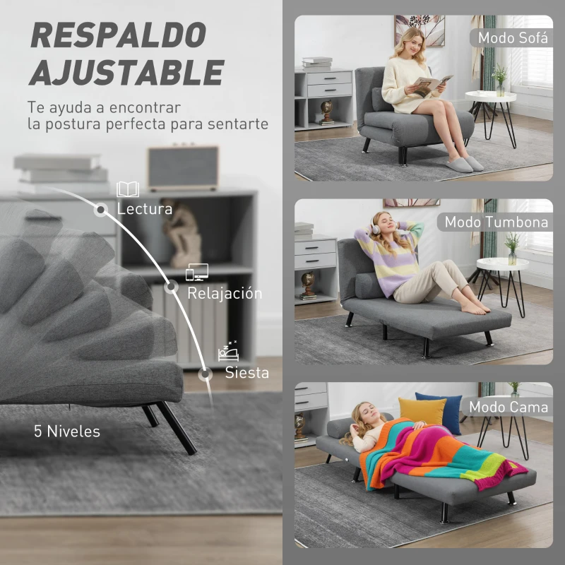 HOMCOM Sofá Cama Individual Plegable con Respaldo Ajustable de 5 Niveles Cojín y Tapizado de Lino Sintético 75x70x75 cm Gris