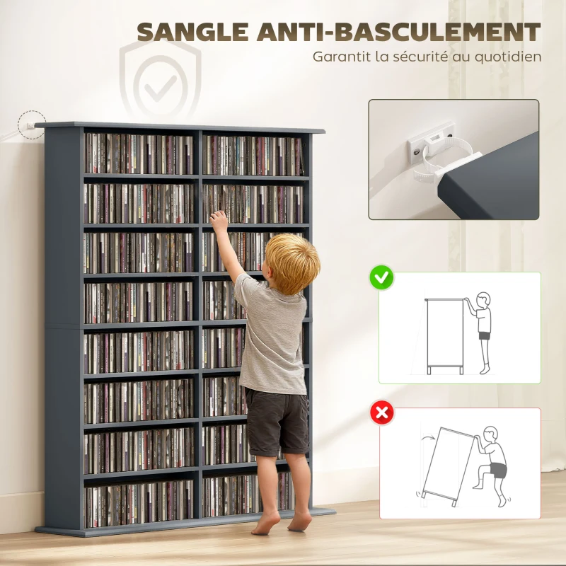 HOMCOM Rangements pour CD et DVD avec 16 compartiments et 12 étagères réglables capacité max. 720 CD/396 DVD et Blu-ray gris