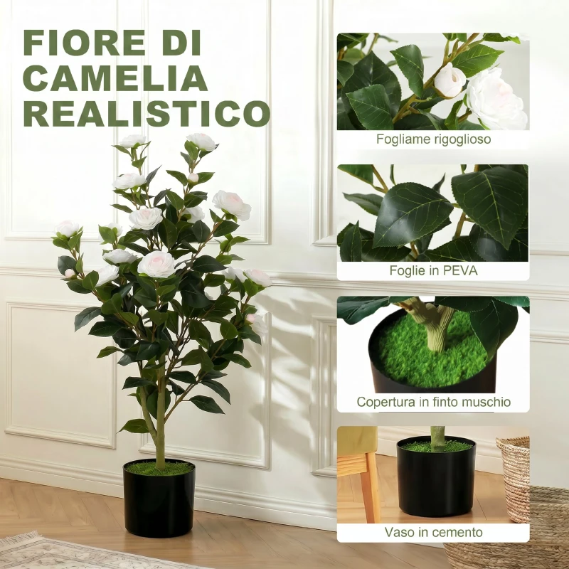 HOMCOM Pianta Finta di Camelia con Fiori Realistici, 176 Foglie in PEVA e Vaso Nero in PP Riempito in Cemento, Bianco