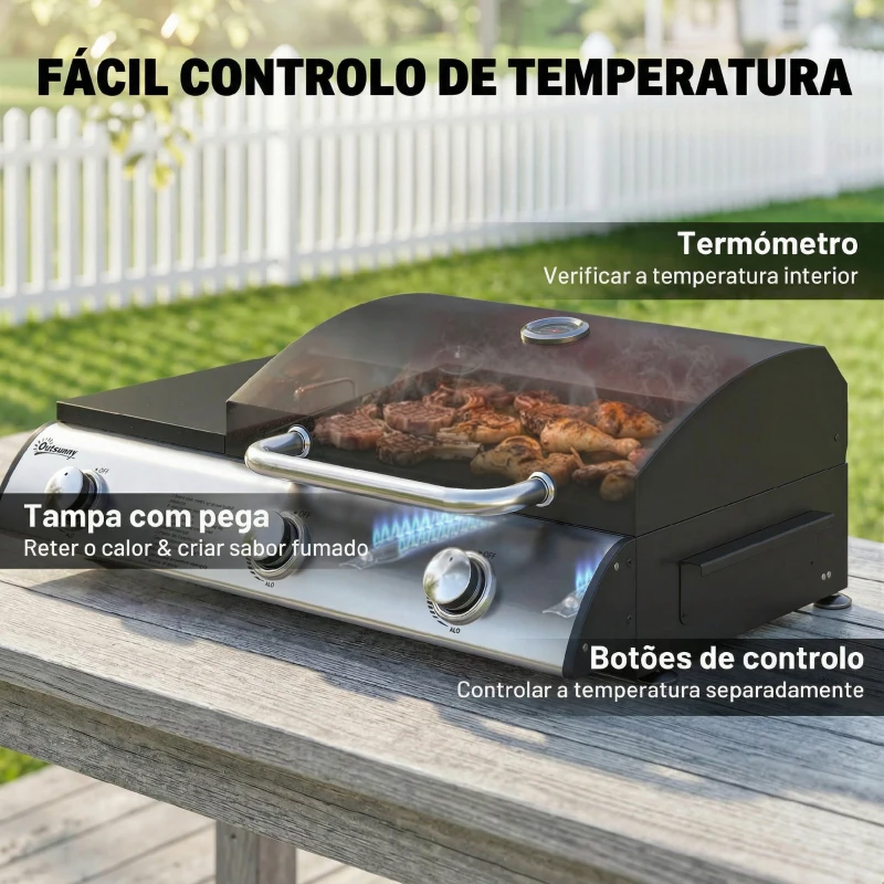 Outsunny Barbecue a Gás BBQ com 3 Queimadores 7,5 kW com Grelha Placa Prateleira Lateral Conversível Termómetro Preto