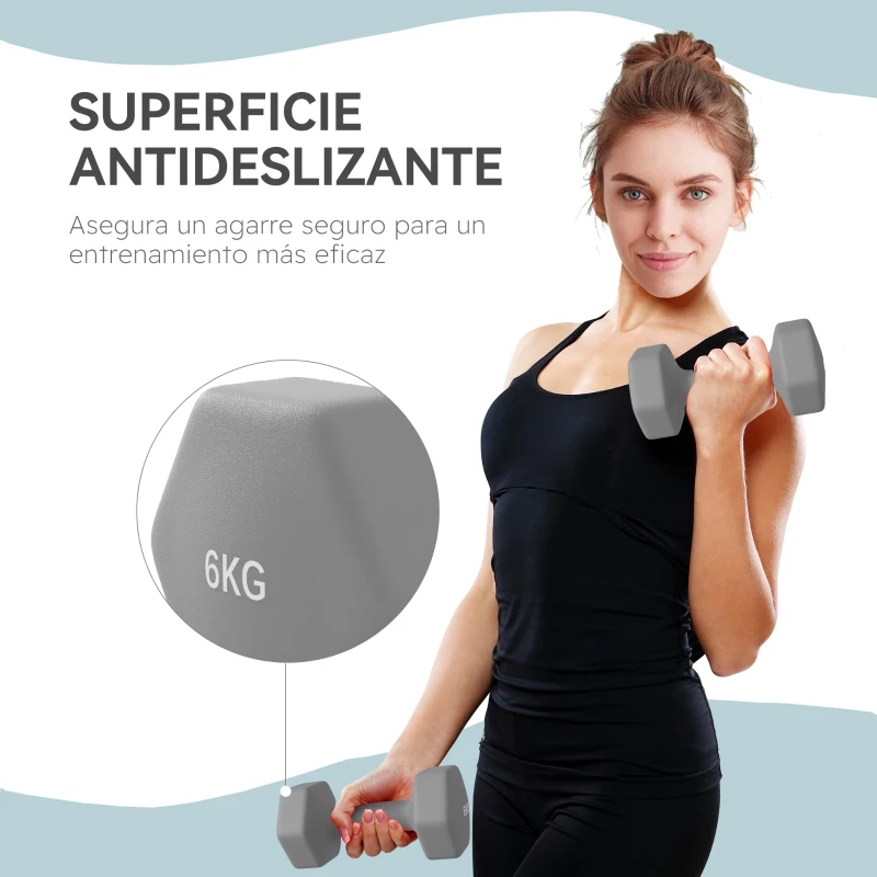 SPORTNOW Juego de 2 Mancuernas Hexagonales de 2 x 6 kg de Metal Recubiertas en Plástico para Entrenamiento en Casa Gimnasio Gris
