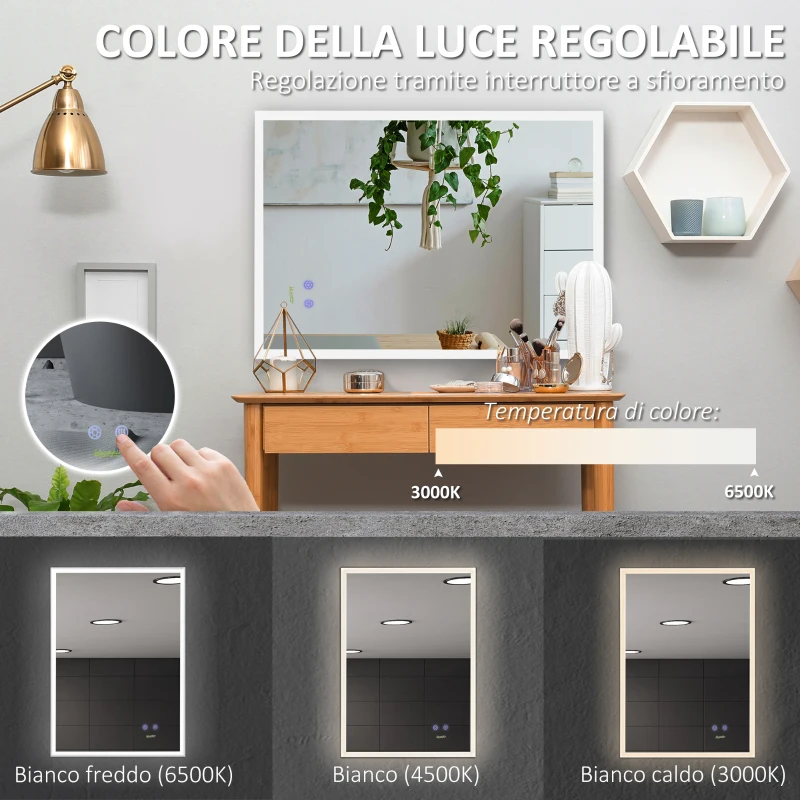 kleankin Specchio Bagno con Luce LED, Funzione Anti-Appannamento e Tasti Touch, 70x50cm, Argento