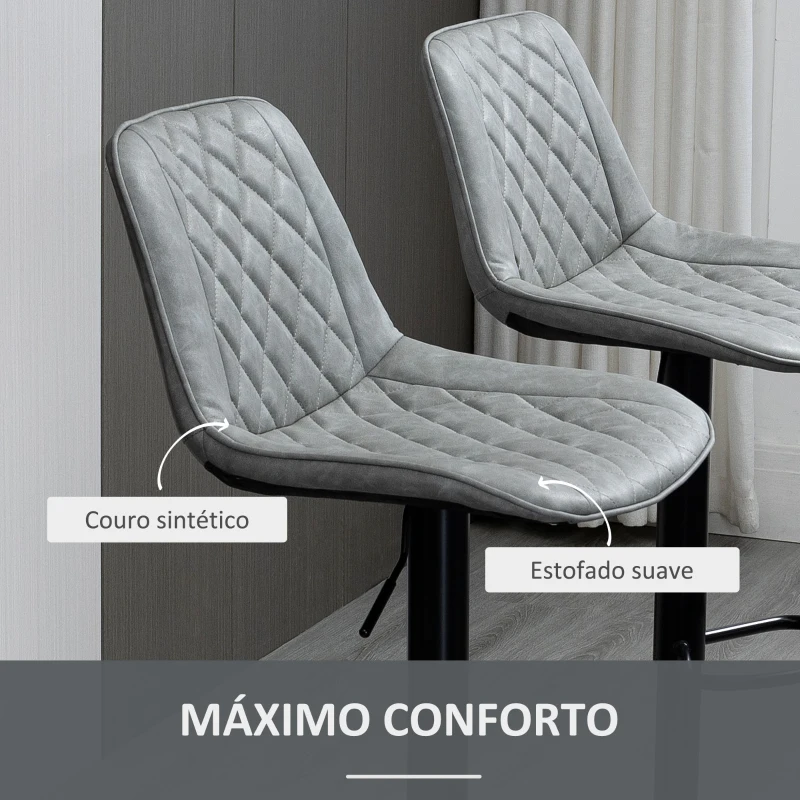 HOMCOM Conjunto de Bancos de Bar Estofados em PU Bancos Altos de Sala de Jantar com Altura Ajustável 46,5x51x86-106 cm Cinzento