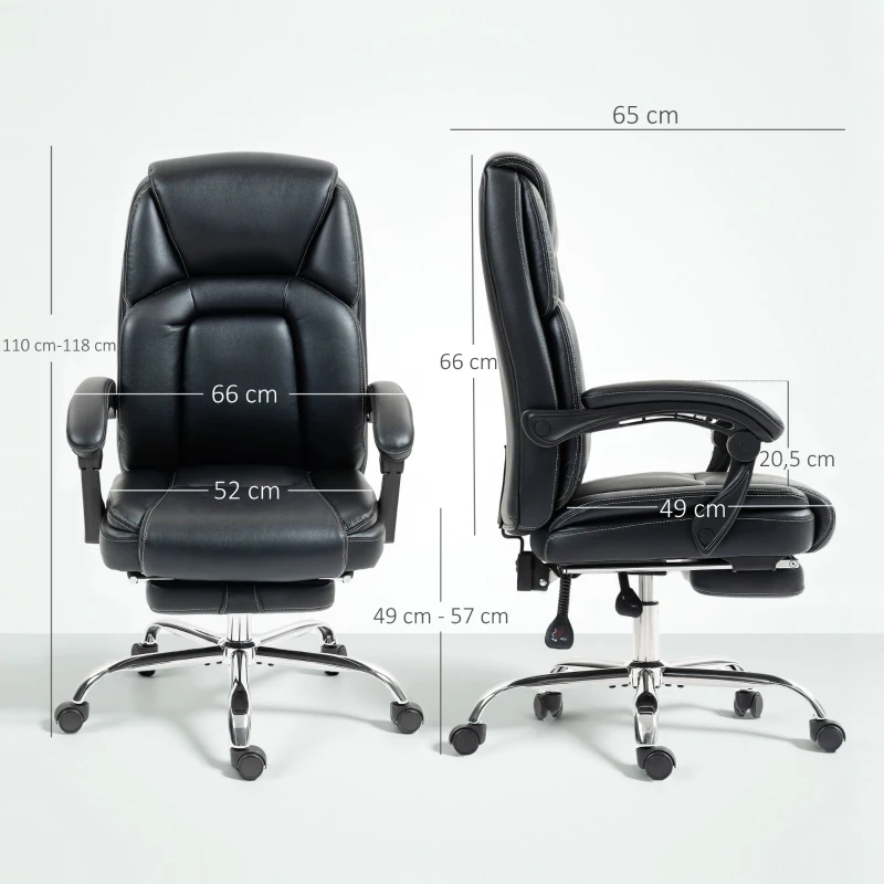 HOMCOM Scaun de birou rabatabil cu suport pentru picioare retractabil, din piele PU, capacitate de 120 kg, negru