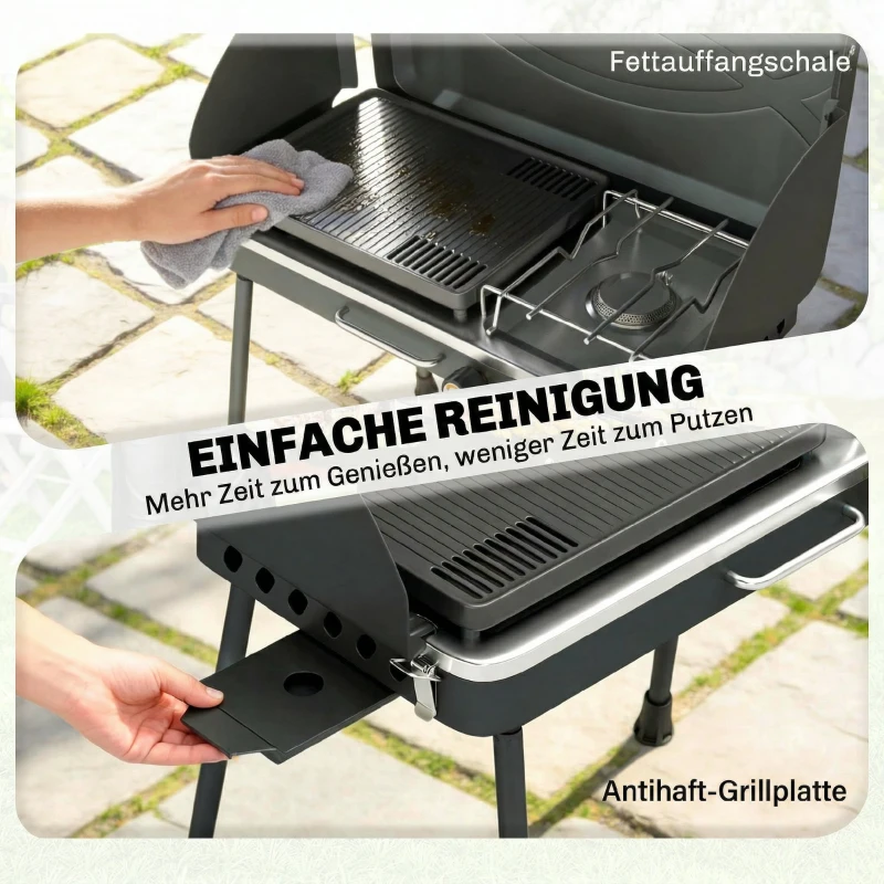 Outsunny Tragbarer Gasgrill 2 Brenner 7 kW 2-in-1 Tischgrill mit Braten klappbar Beinen Grillrost Windschutz Deckel Verschluss