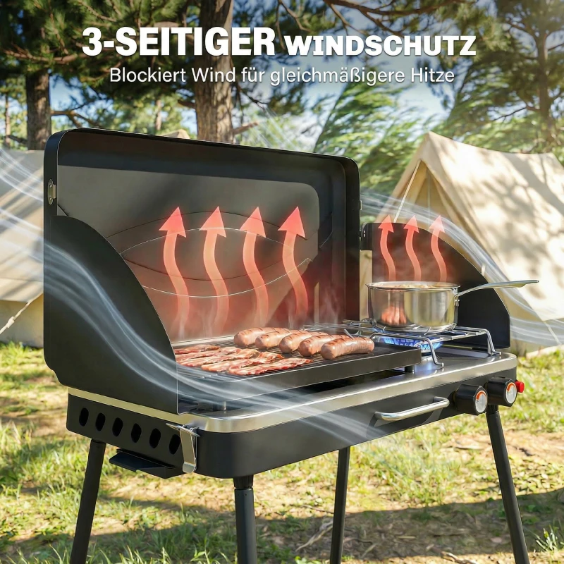 Outsunny Tragbarer Gasgrill 2 Brenner 7 kW 2-in-1 Tischgrill mit Braten klappbar Beinen Grillrost Windschutz Deckel Verschluss
