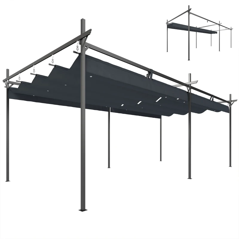 Outsunny Pérgola com Teto Retrátil de Alumínio 588x297x230 cm Pérgola com Tecido de Poliéster Anti UV Pérgola de Jardim Cinzento Escuro