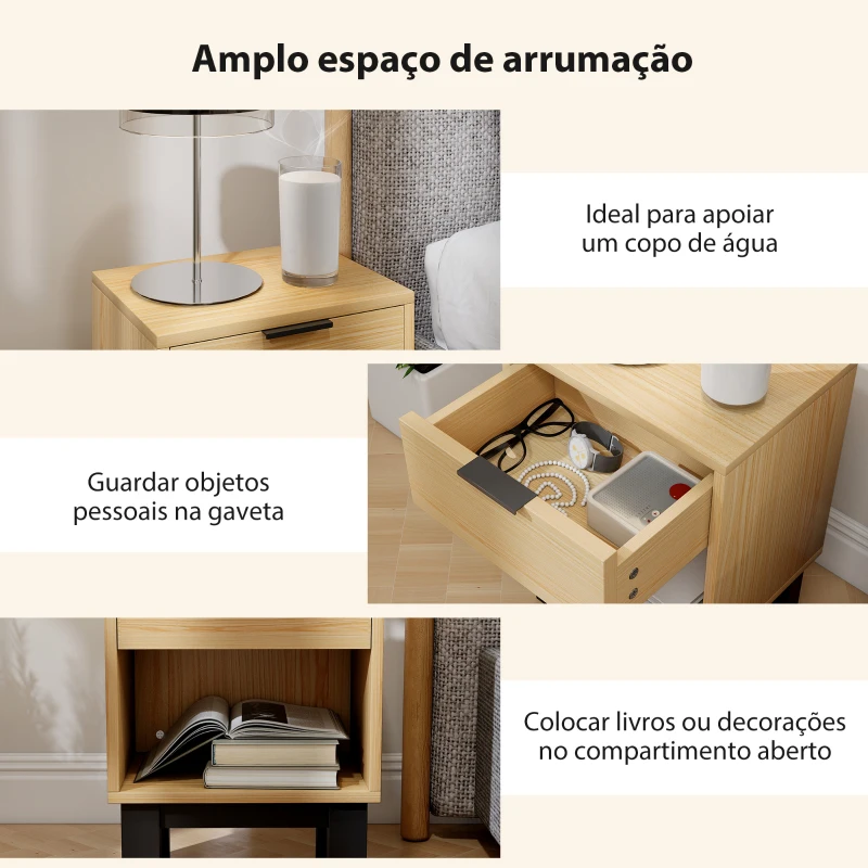 HOMCOM Conjunto de 2 Mesas de Cabeceira Estreitas Mesas de Cabeceira Modernas com Gaveta e Prateleira Aberta 35x26x50 cm Carvalho