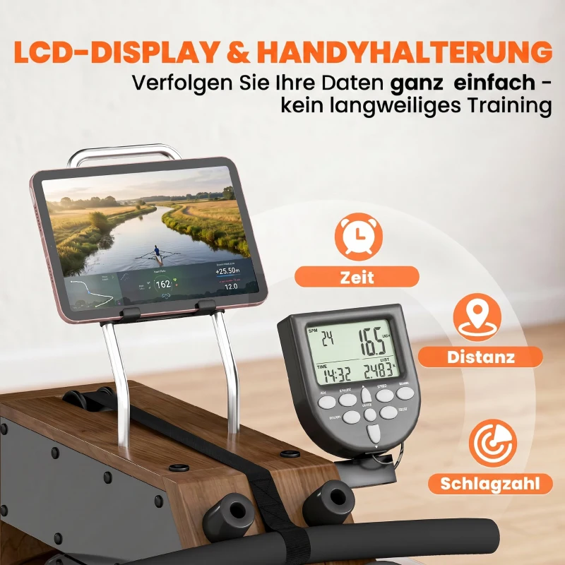 SPORTNOW Wioślarz wodny do domu drewno kauczukowe składany z Bluetooth APP podwójne szyny aluminiowe wyświetlacz LCD do 158 kg