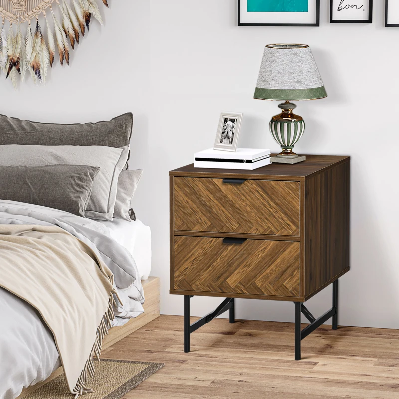 HOMCOM Bedside Table with Two Drawers, Side Cabinet Storage Unit with Metal Handles, Organisation Furniture for Living Room, Bedroom, Walnut Brown