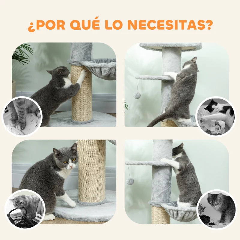 PawHut Árbol Rascador para Gatos 103,5 cm con Cama Hamaca Plataforma Poste de Sisal Grueso Bola Colgante Gris Claro