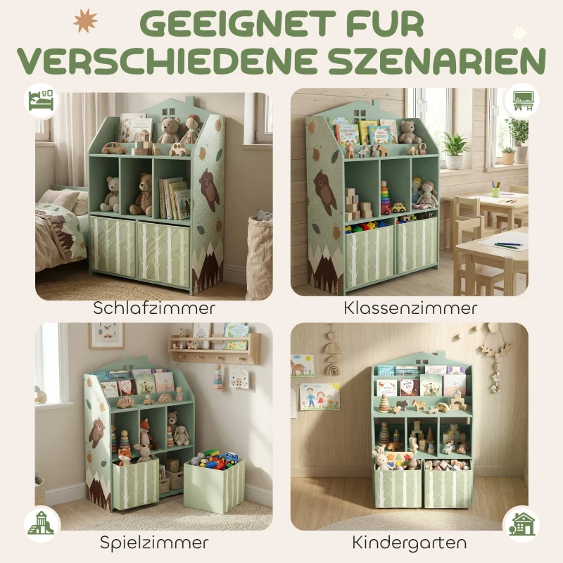AIYAPLAY Kinderregal Bücherregal Kinder mit 2 Stoffschubladen offen Regal für 3-8 Jahre 62,5x30x91,5 cm Grün