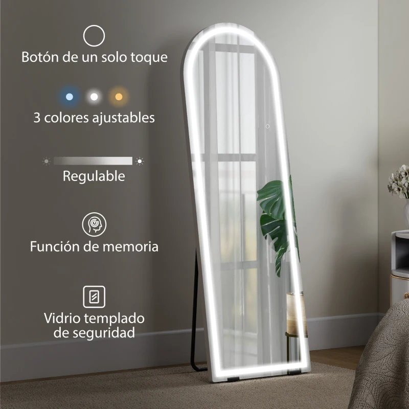 HOMCOM Espejo de Pie Cuerpo Entero con Luces 150x50cm Arqueado sin Marco 3 Temperaturas de Color Brillo Ajustable Transparente