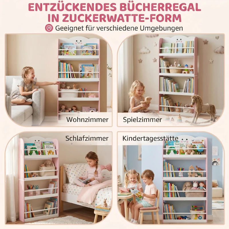 AIYAPLAY Kinderbücherregal mit 4 Etagen, Wandmontiertes Bücherregal für Kinderzimmer, Spielzimmer, Wohnzimmer, Rosa