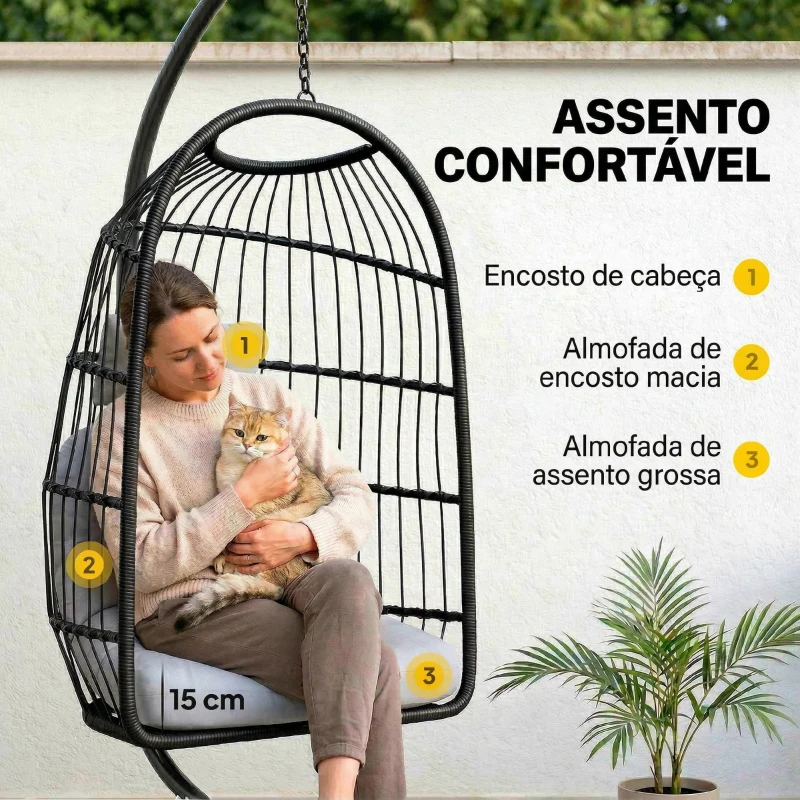 Outsunny Cadeira Suspensa com Suporte Cesto Dobrável de Vime Almofada Grossa e Altura Ajustável 101x105x196 cm Cinza Claro