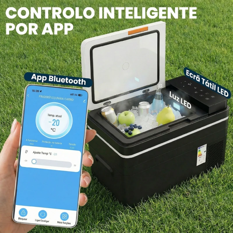 Outsunny Frigorífico Portátil Elétrico 30L com Compressor Controlo por App Ecrã Luz LED Pegas Modos ECO e MAX de -20℃ a +20 ℃ Preto