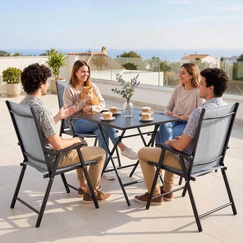 Outsunny Folding Garden Chairs Set of 4, Foldable Garden Dining Chairs with High Back, Armrests, Texteline Seat, Light Grey