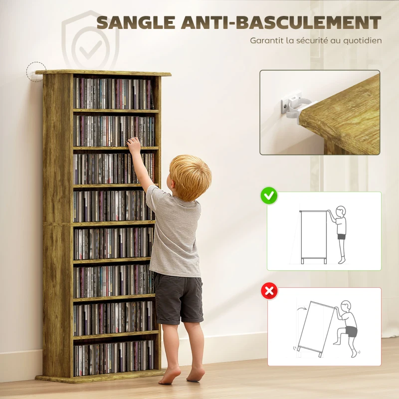 HOMCOM Rangements pour CD et DVD avec 8 compartiments et 6 étagères réglables, capacité max. 360 CD/185 DVD et Blu-ray, marron