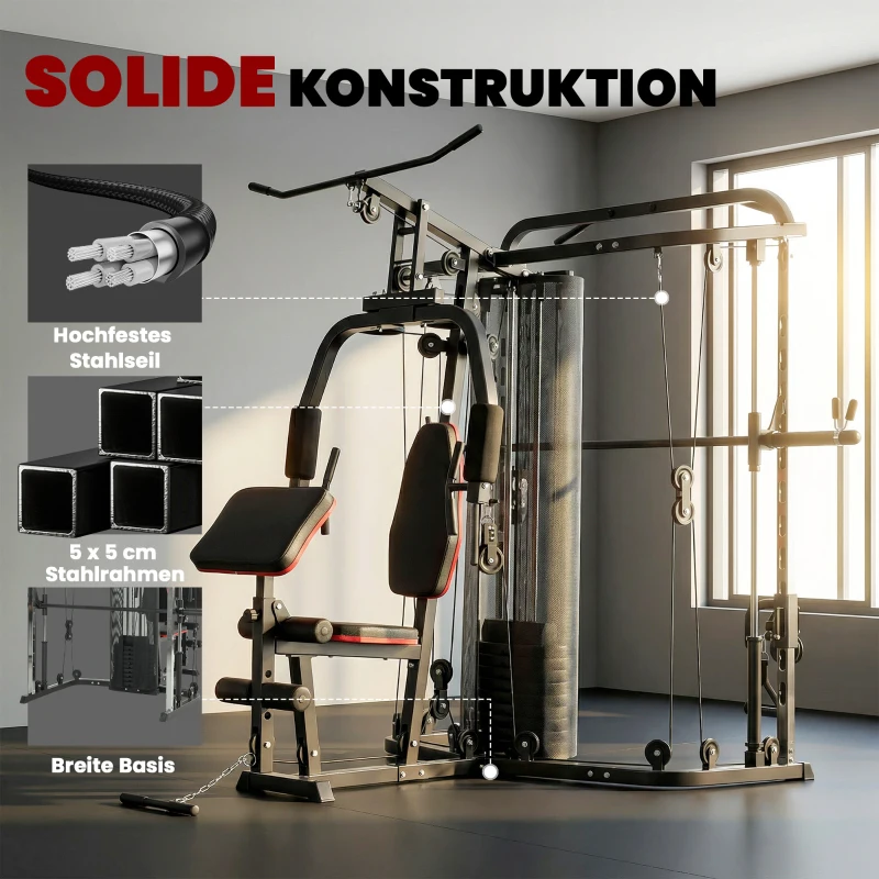 SPORTNOW Kraftstation Fitnessstation mit 65kg Gewichten, Latzug, Butterflystange, verstellbar Preacher Bank, Beintrainer