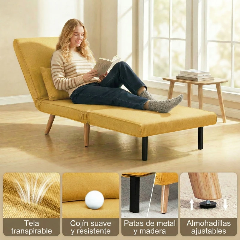 HOMCOM Sofá Cama Individual Plegable con Respaldo Ajustable 5 Posiciones Sillón Cama Tapizado con Cojín 72x75x85 cm Amarillo