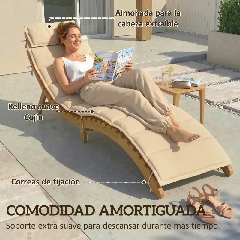 Outsunny Tumbona Plegable de Madera de Acacia con Cojín Reposacabezas Asa de Transporte para Jardín Terraza 183x54x63 cm Beige