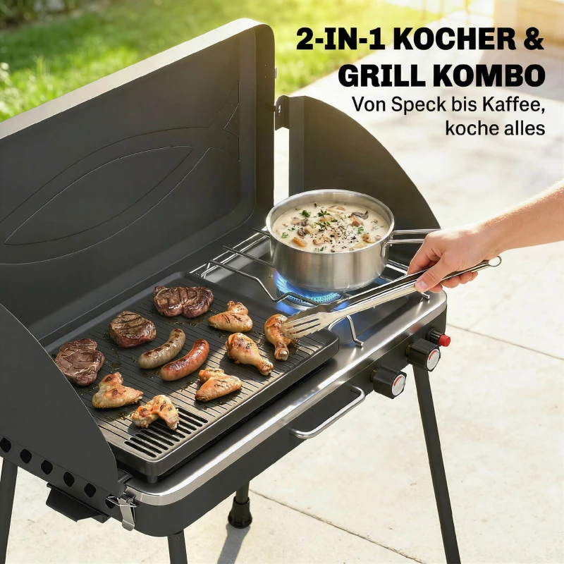 Outsunny Tragbarer Gasgrill 2 Brenner 7 kW 2-in-1 Tischgrill mit Braten klappbar Beinen Grillrost Windschutz Deckel Verschluss