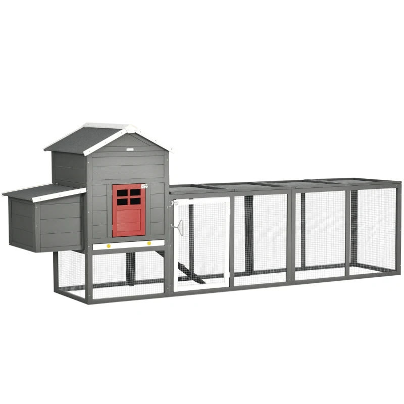 PawHut Gallinero para Exterior Grande de Madera 300x66x116 cm con Nido Corral Bandeja Extraíble Techo Asfáltico Rampa Gris