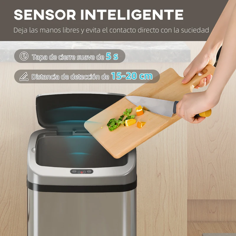 HOMCOM Cubo de Basura Cocina Automático 48 L Sensor Infrarrojo Cierre Automático Antihuellas Acero Inoxidable Plata