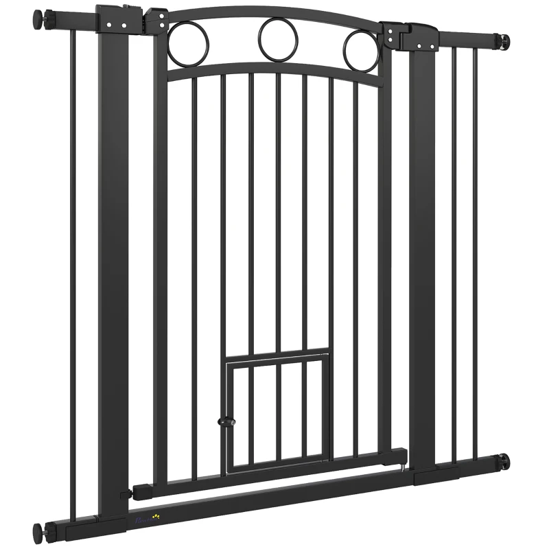 PawHut Haustiertor, 96 cm Treppengatter, verstellbare Breite 76-104 cm, mit Katzentür, für Treppen und Türöffnungen, Schwarz