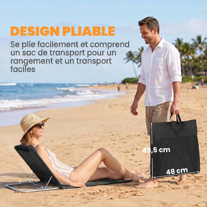 Outsunny Lot de 2 Tapis de Plage rembourré - Matelas de Plage - nattes de Plage - Dossier inclinable Multi-Positions - Sac Transport Inclus - métal Polyester PE Noir