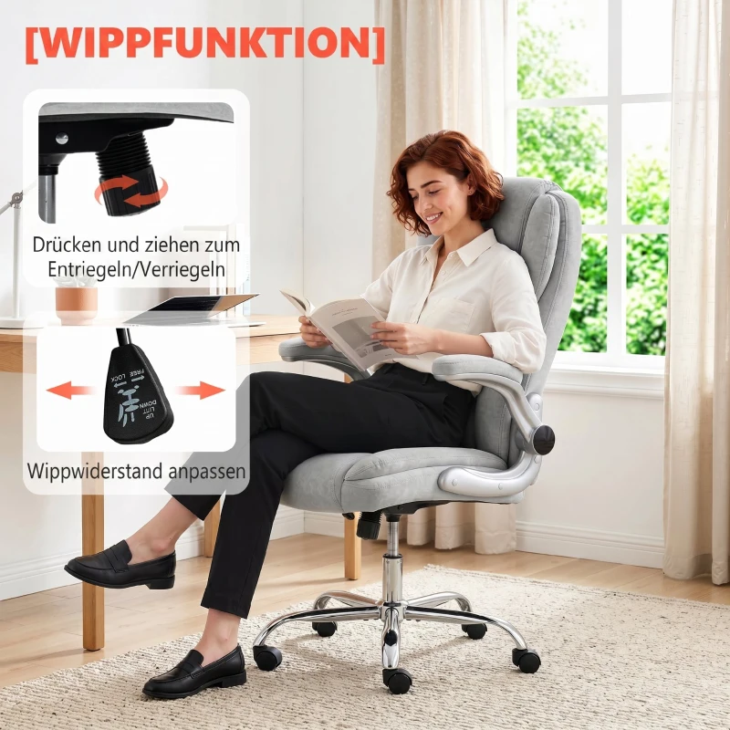 Scaun Ergonomic HOMCOM, Spătar Înalt, Tapițat în Catifea Imprimată, Cotiere Rabatabile, Alb Crem