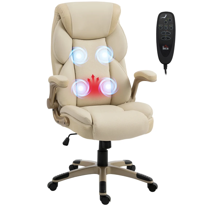 HOMCOM Cadeira de Escritório com Massagem Vibratória de 4 Pontos Aquecimento Lombar Apoios de Braços Rebatíveis Encosto Alto Altura Ajustável Creme
