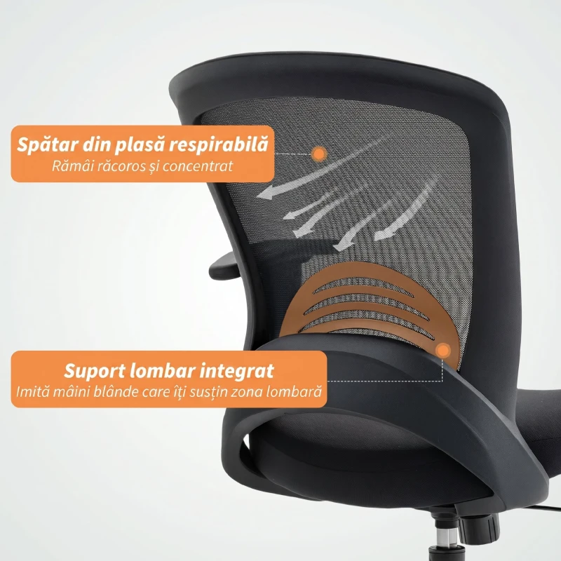 HOMCOM Scaun de Birou Respirabil și Reglabil pe Înălțime, din Material Plasă, 65x59x92.5-102.5 cm, Negru