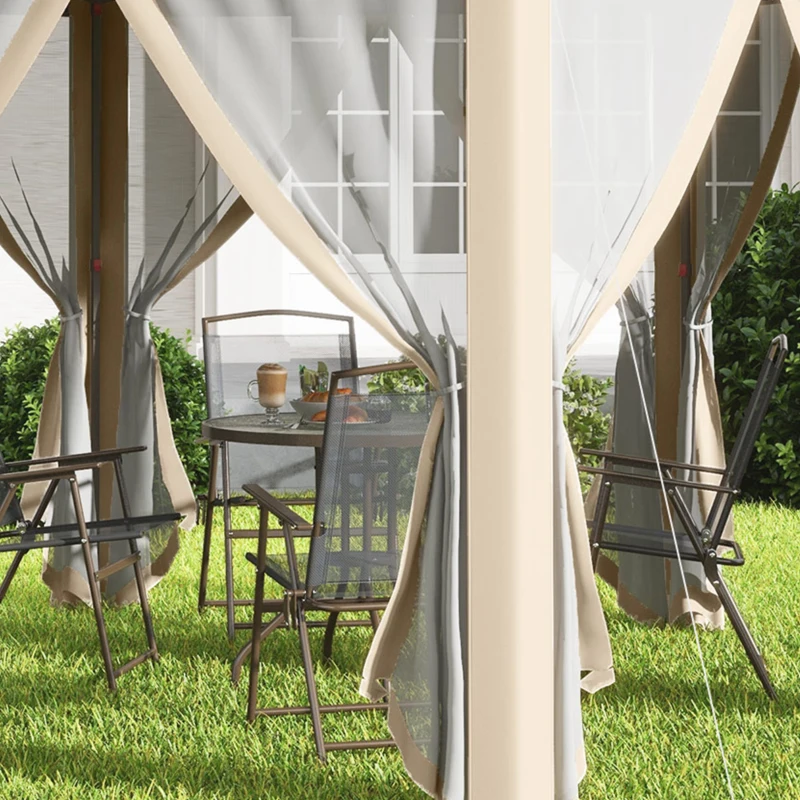 Outsunny tuinpaviljoen opvouwbaar tuinhuisje 4 x 4 m pop-up tent partytent incl. draagtas 6 zijpanelen dubbel dak zeshoekig beige + kaki