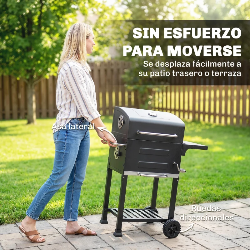 Outsunny Barbacoa de Carbón Portátil con Parrilla de Acero Inoxidable Estante Lateral Termómetro Bandeja y Ruedas Negro