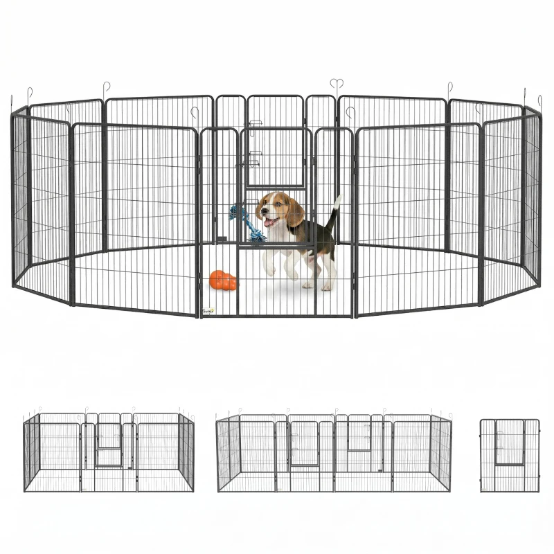 PawHut Welpenlaufstall 12-teilig Welpenauslauf faltbar mit 2 Tür 12 Gitterplatten Stahl je 80x100 cm Grau