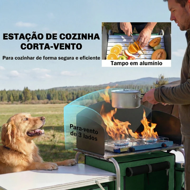 Outsunny Móvel de Cozinha para Campismo Dobrável com 3 Mesas 4 Ganchos Poste de Luz e Bolsa de Transporte 172x48x119 cm Verde