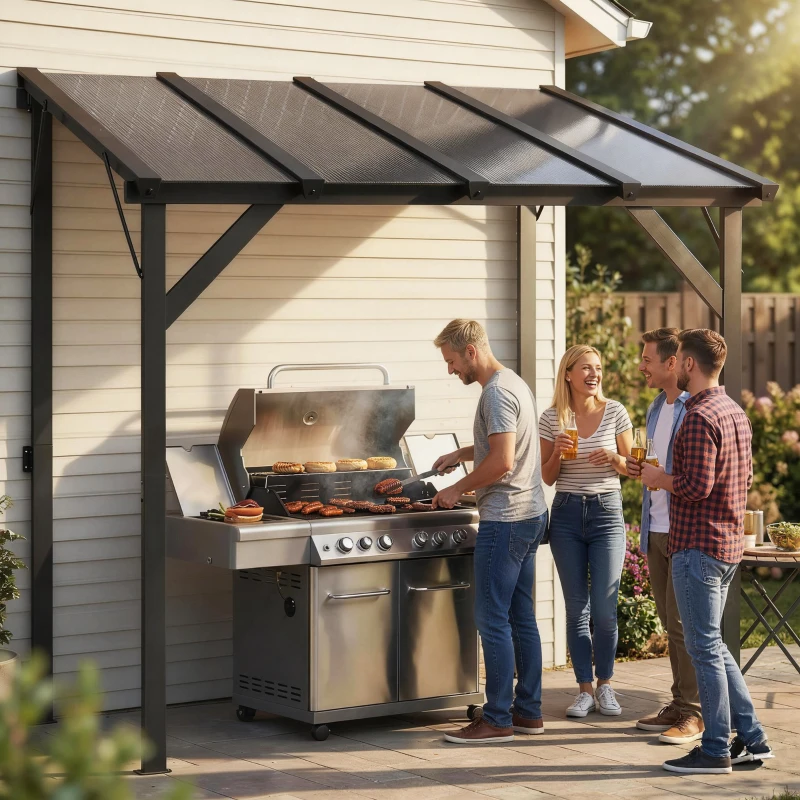 Outsunny Carpa Barbacoa 2,5x1,5 m con Techo de Policarbonato Diseño Adosado Estructura de Metal y Aluminio para Exterior Gris