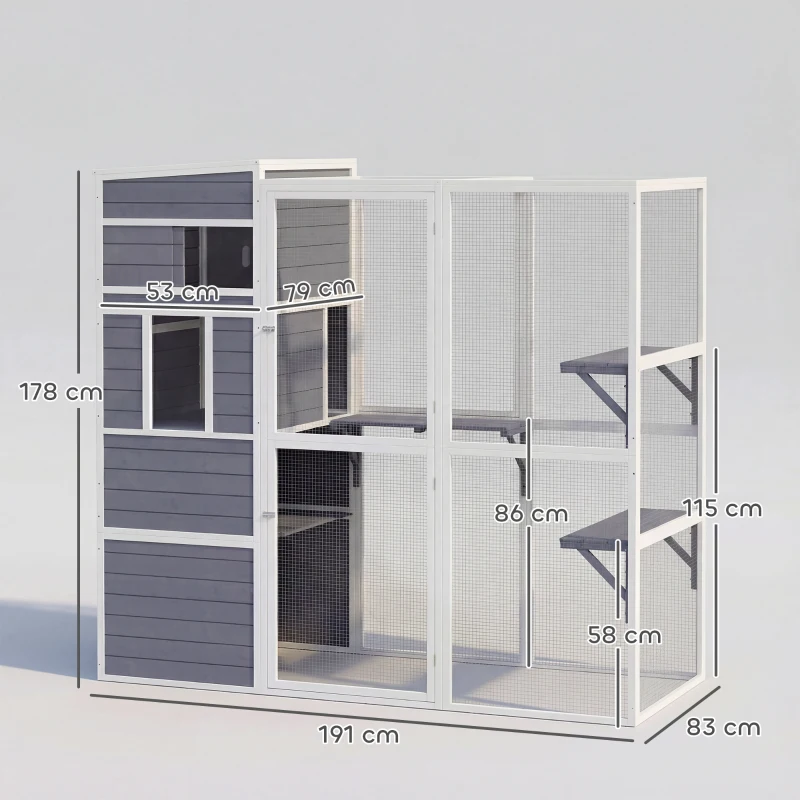 PawHut Katzengehege Outdoor Katzenhaus aus Holz mit 3 Plattformen wetterfest Dach Ruhebereich für 3-4 Katze bis 10 kg Grau