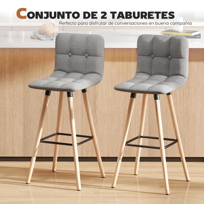 HOMCOM Juego de 2 Taburetes Altos de Cocina con Respaldo Reposapiés Patas de Madera Estilo Moderno Gris