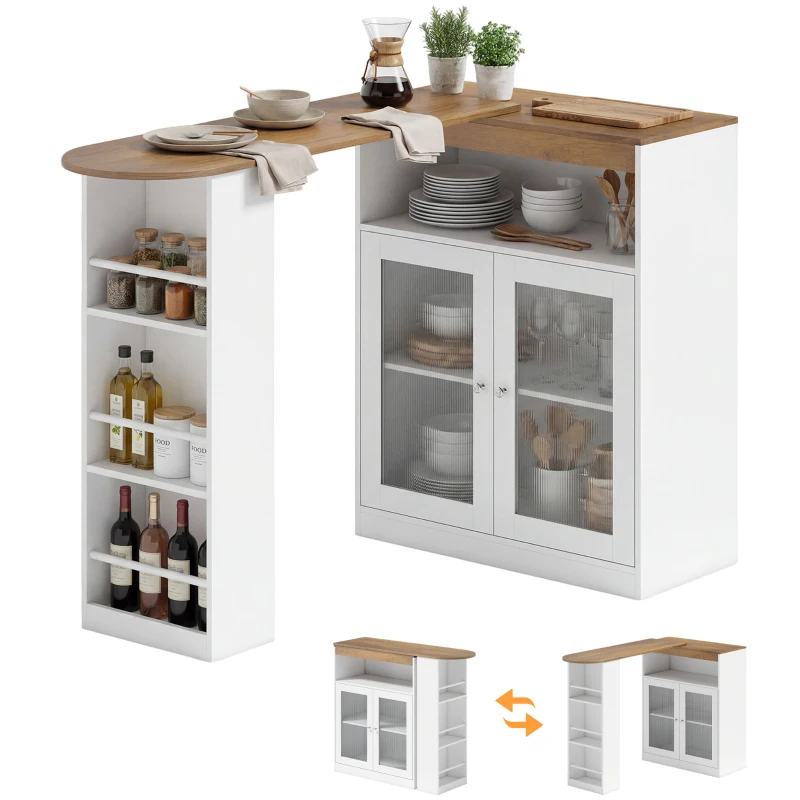 HOMCOM Mesa de Bar Extensible y Giratoria 90° con Estantes Abiertos y 2 Puertas de Vidrio 150x80x105,5 cm Blanco y Natural